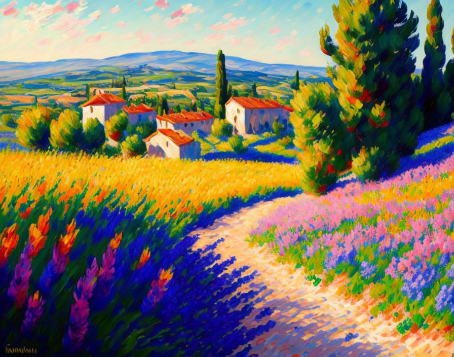 Colorful rural landscape painting with flower fields, path, houses, and trees under blue sky