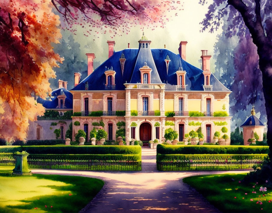 Grand Chateau Watercolor Painting with Autumn Gardens