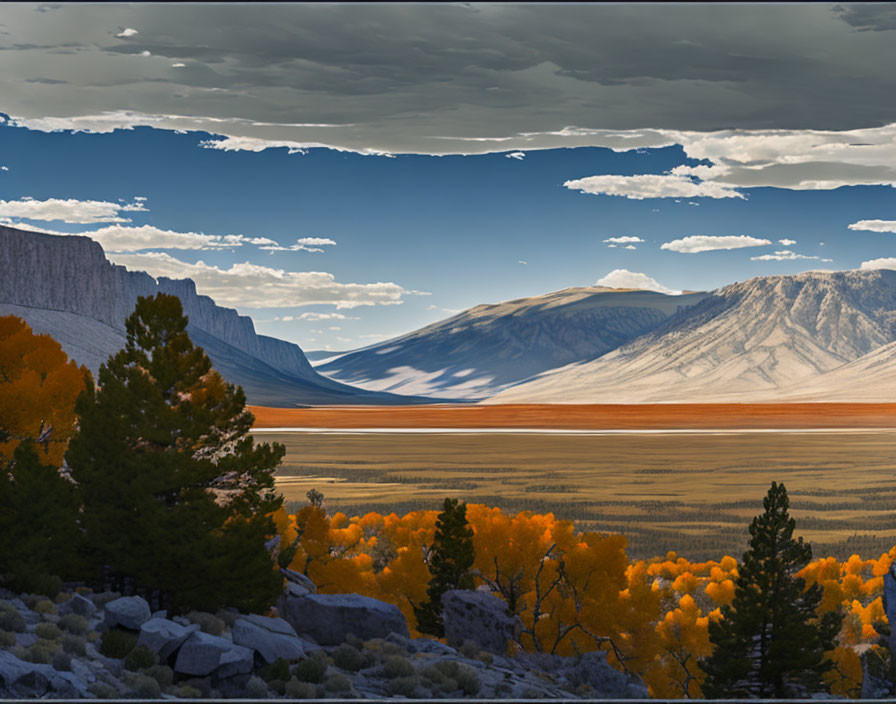 Vibrant autumn landscape with golden foliage, red-orange strip, and towering mountains.