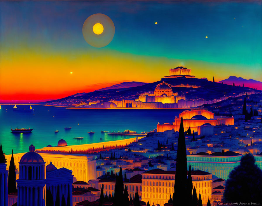 Colorful sunset over coastal cityscape with historical buildings, full moon, stars, and boats.