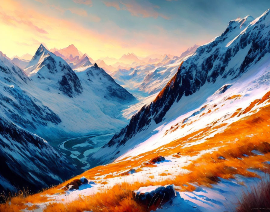 Colorful digital artwork: Mountain landscape at sunset with warm sunlight highlighting snow and grassy slopes