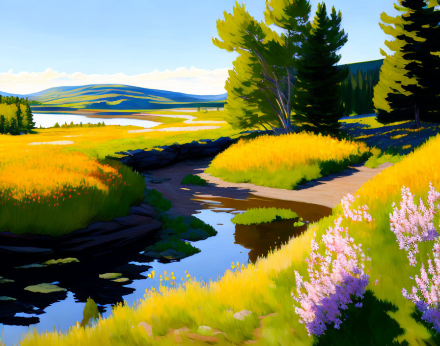 Scenic landscape with stream, wildflowers, pine trees, and blue sky