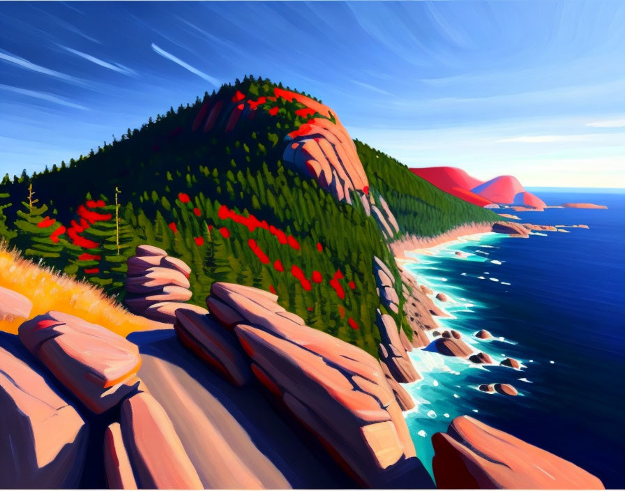 Scenic coastal landscape with forested hill, rocky cliffs, and red flowers above blue ocean.