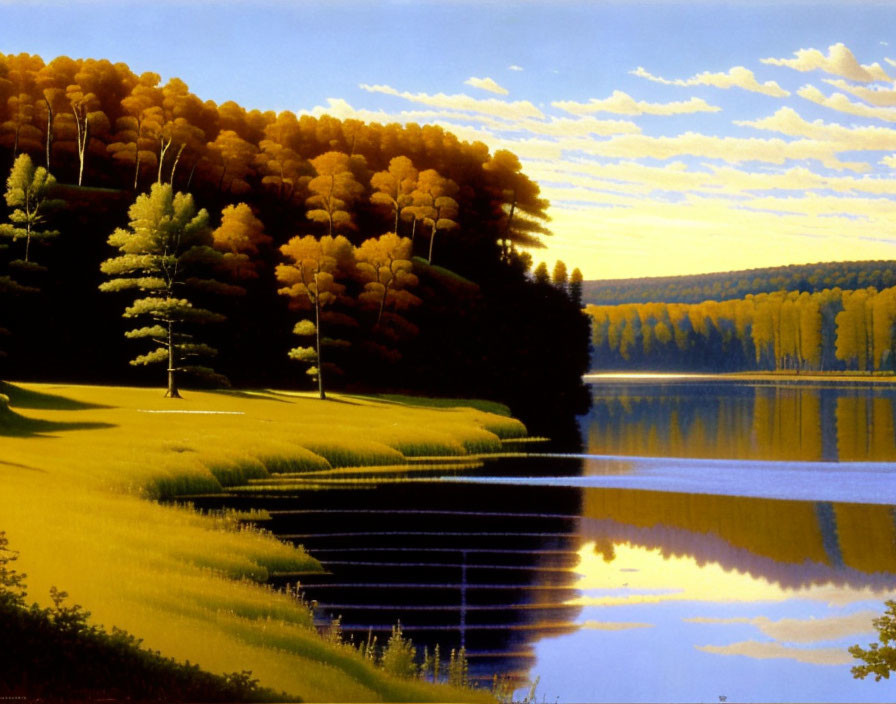 Tranquil lake mirrors vibrant autumn trees and clear sky