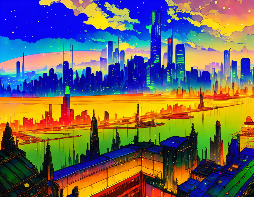 Colorful futuristic cityscape at sunset with silhouetted skyscrapers and a reflecting river