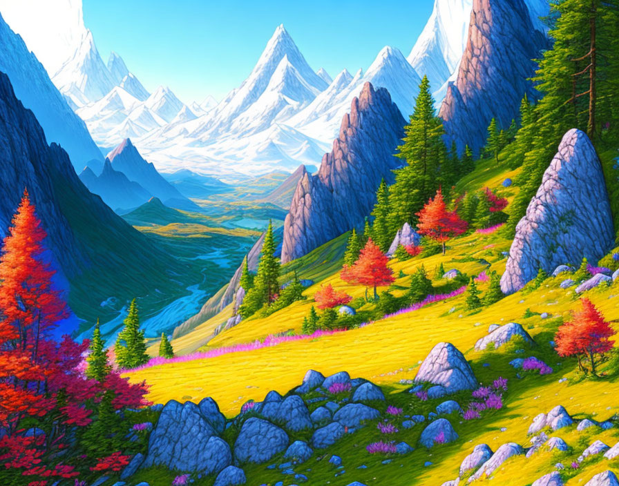 Scenic landscape with green valley, autumn trees, boulders, and snow-capped mountains