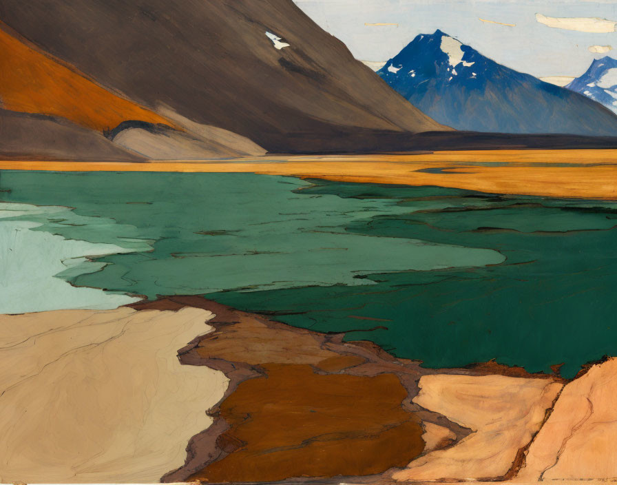 Stylized mountain painting with multicolored lake and sandy foreground