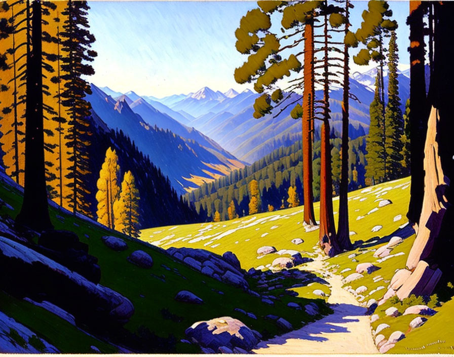 Vibrant forest scene with tall trees, path, and mountains in bright illustration