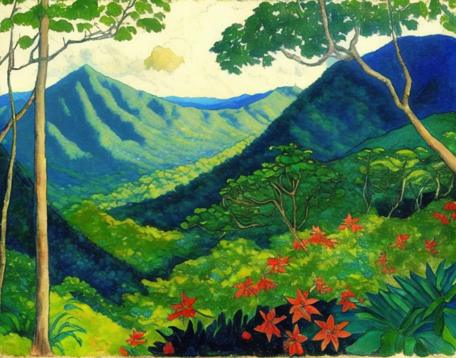 Lush green forest with mountains, red flowers, and blue sky art.