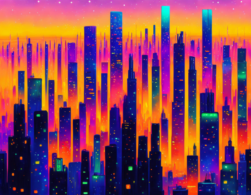 Neon-lit skyscrapers in vibrant futuristic cityscape