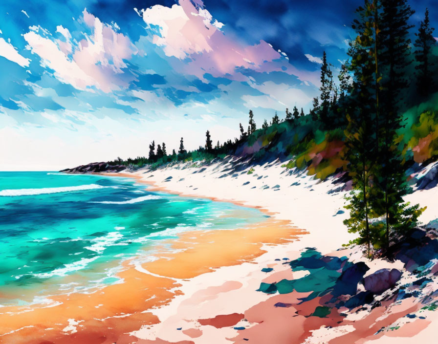 Illustration of Beach: Blue Waters, Peach Sand, Green Trees, Colorful Sky