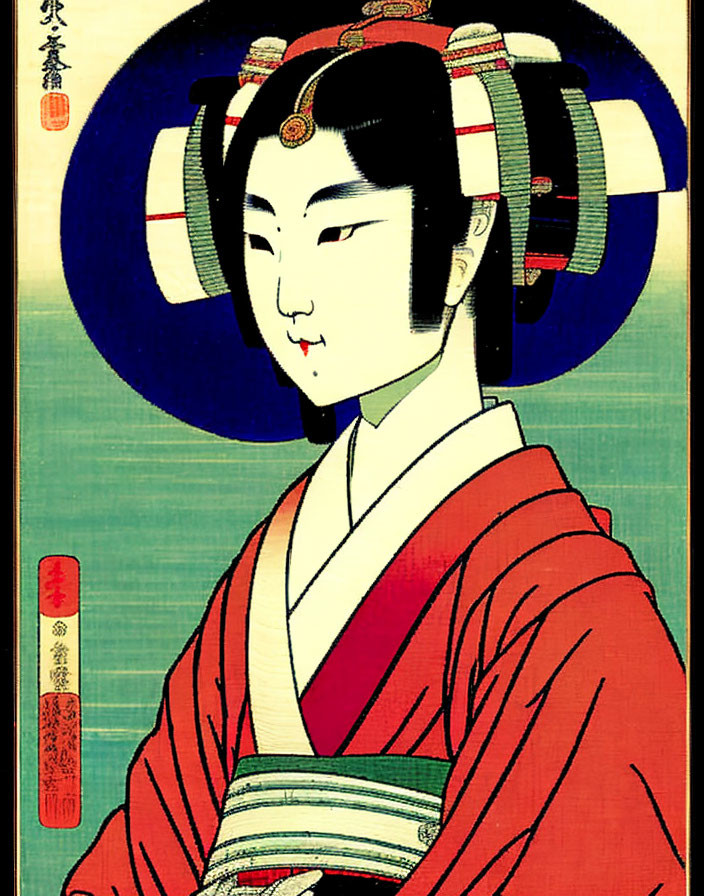 Japanese Woodblock Print: Geisha in Red Kimono with Hair Ornaments