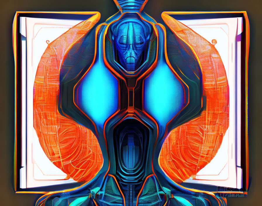 Symmetrical Digital Artwork: Vibrant Blue and Orange Hues, Humanoid Figure, Geometric