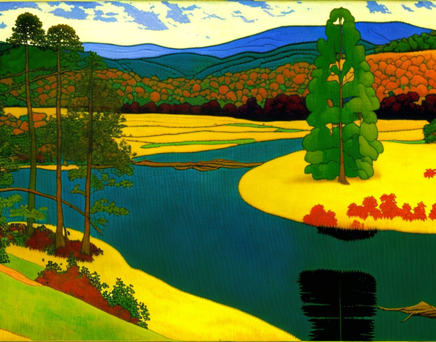 Colorful landscape painting: River winding through vibrant fields, trees, and mountains