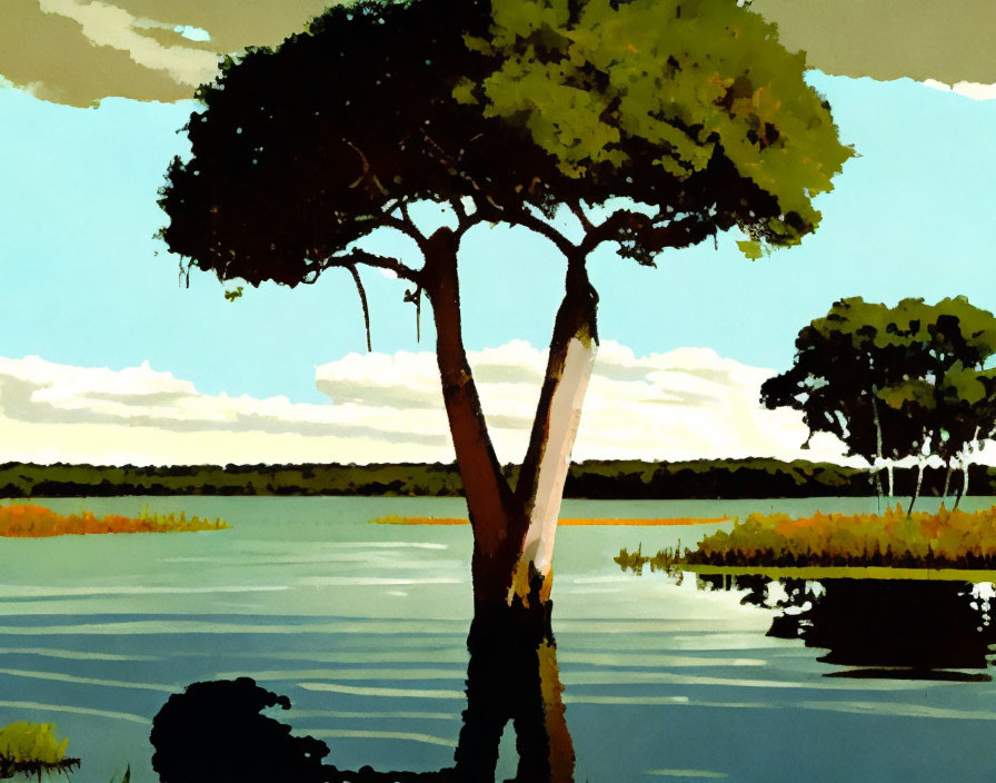 Serene lakeside scene with prominent tree and clear sky