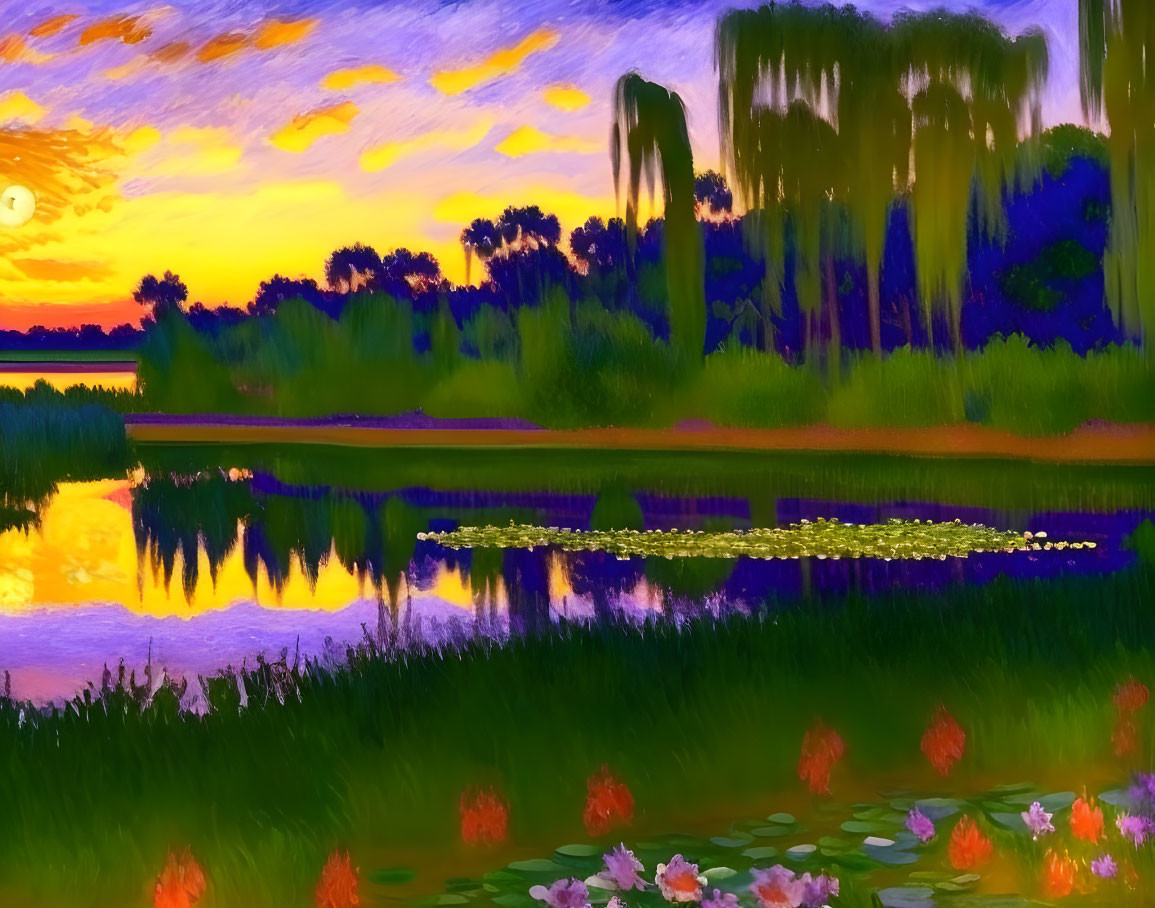 Tranquil lakeside scene at sunset with vibrant colors, weeping willows, water lilies