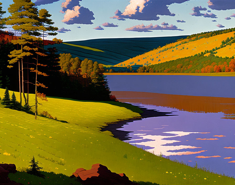 Colorful landscape painting with calm lake, rolling hills, and vibrant trees