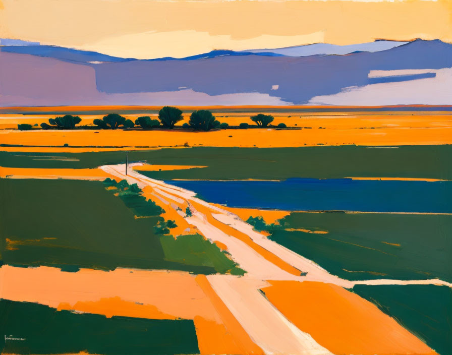 Vibrant landscape painting with colorful road and fields