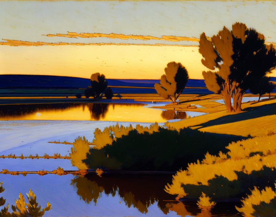 Serene sunset with golden hues reflected on water, silhouetted trees under layered sky