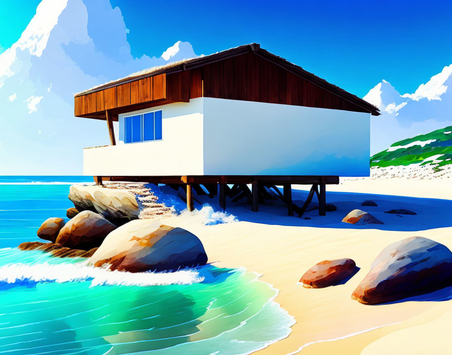 Digital artwork: Modern stilt house on tropical beach