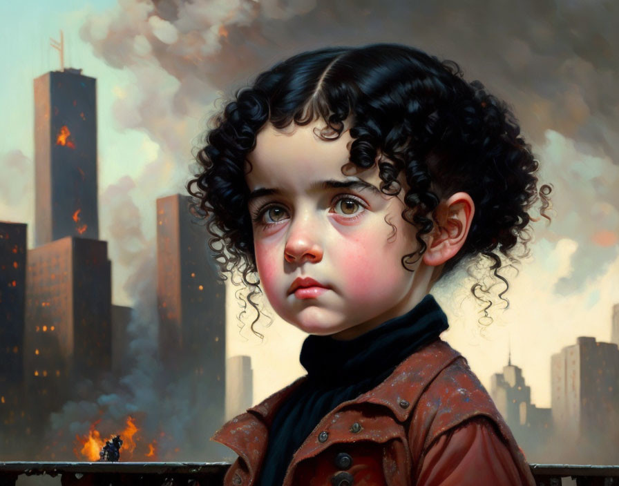 Child with Curly Hair in Leather Coat Against Dark Cityscape with Fires