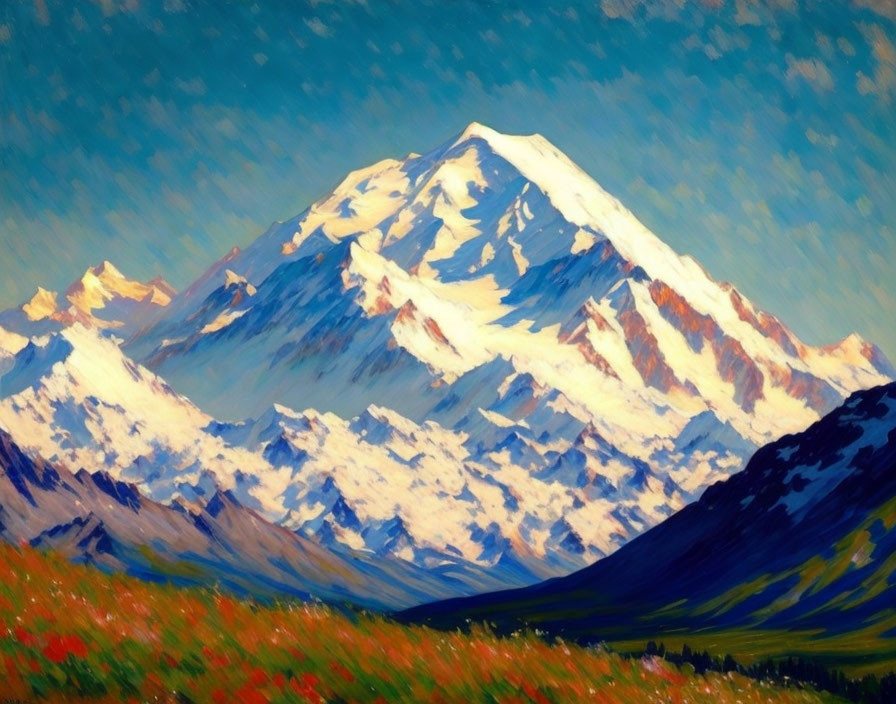 Majestic snow-capped mountain in vibrant impressionist style