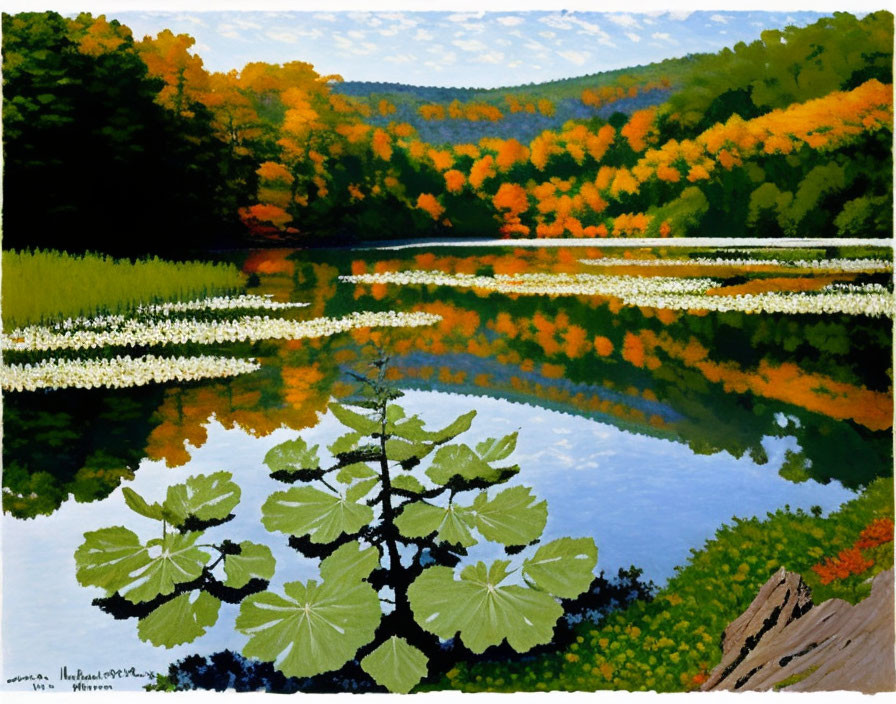 Autumn Lake Painting with Reflection of Trees and Lilypads