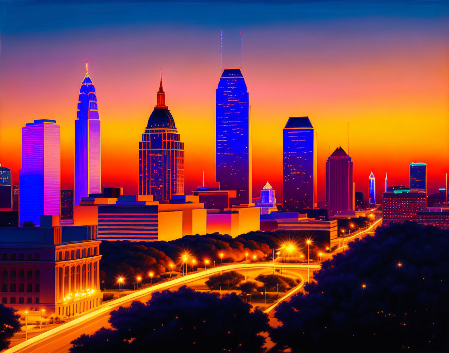 City skyline at sunset: Vibrant skyscrapers against orange-blue sky