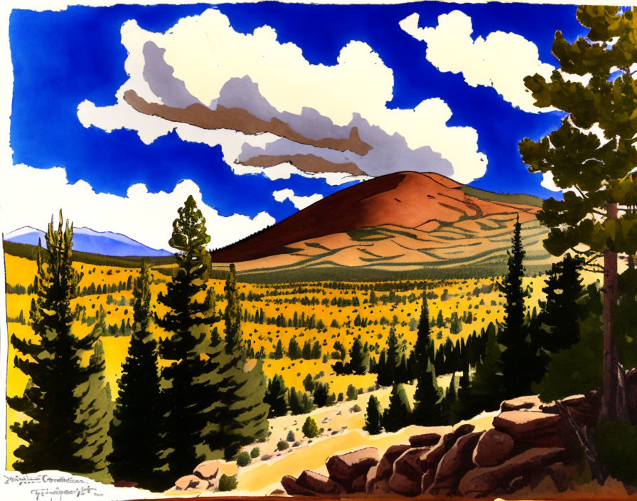 Colorful landscape painting: brown mountain, blue sky, white clouds, green and yellow forests