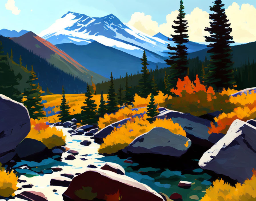 Mountainous Landscape Digital Painting with Stream and Autumn Foliage