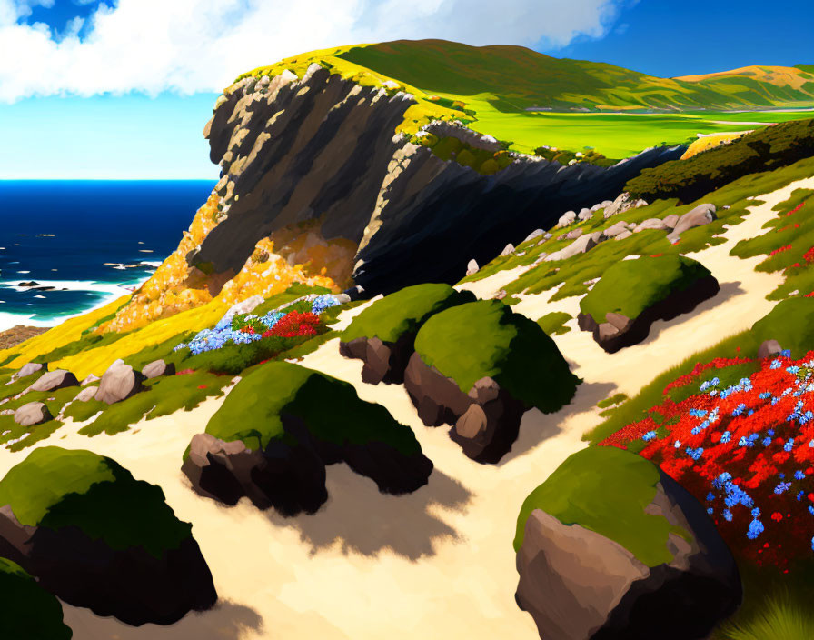 Colorful coastal landscape with cliff, wildflowers, green hills, blue sea, and sunny sky