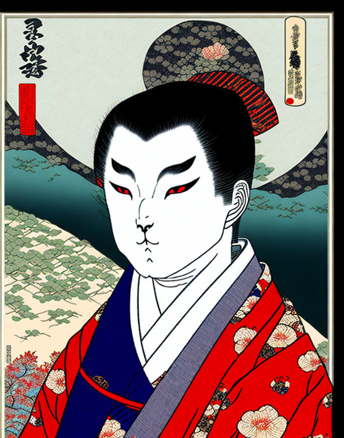 Japanese Ukiyo-e Style Kabuki Actor Illustration in Red and Blue Kimono