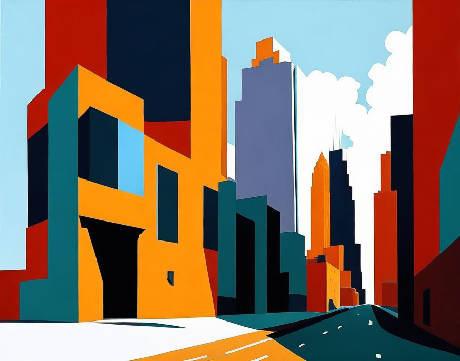 Colorful abstract cityscape with bold buildings and sharp angles.