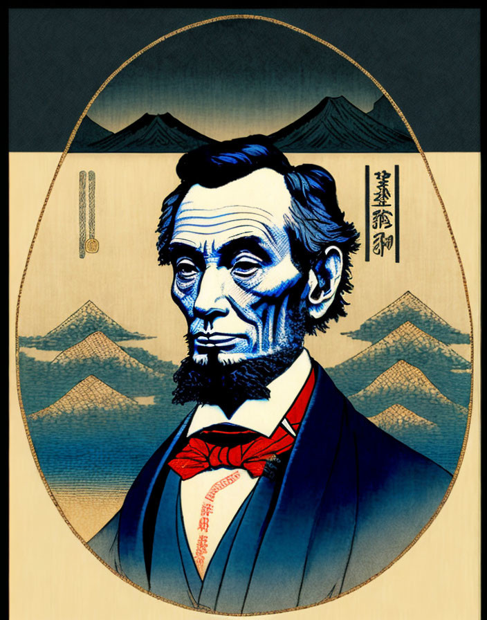 Stylized portrait of bearded man in suit with Mt. Fuji backdrop