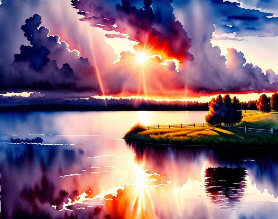 Scenic lake sunset with radiant beams and silhouetted trees