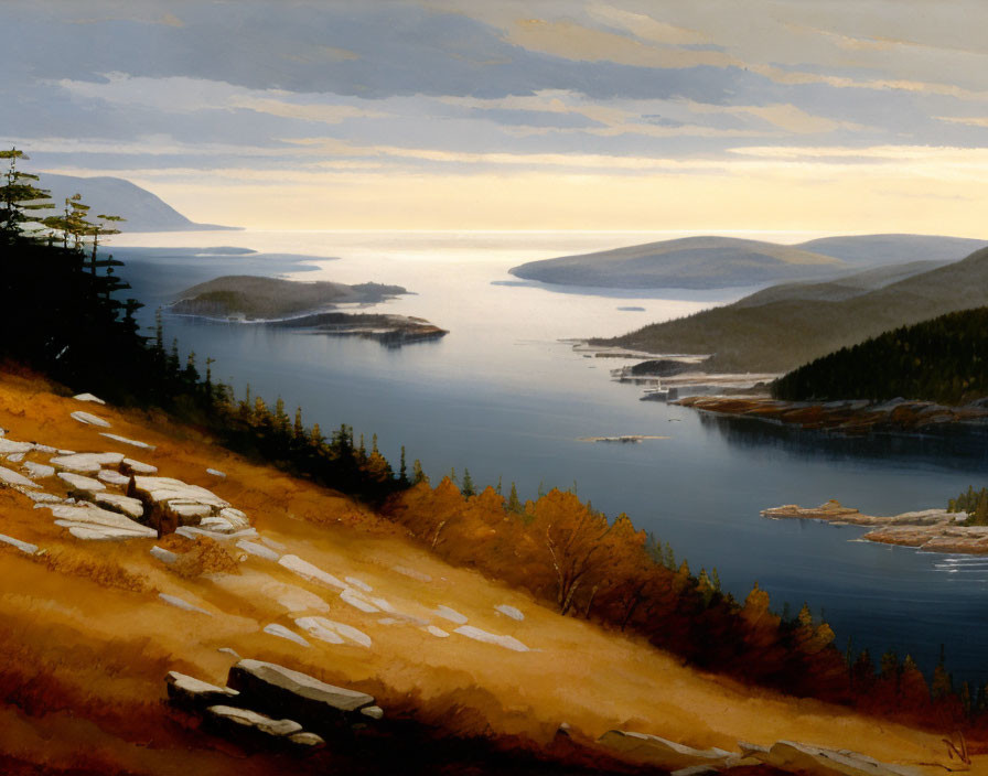 Autumn-themed oil painting of serene lake with islands and rocky shores