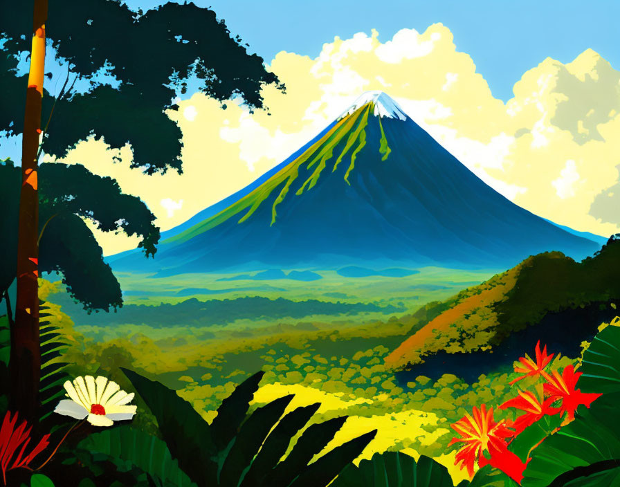 Vibrant mountain illustration with blue and yellow peak surrounded by lush greenery