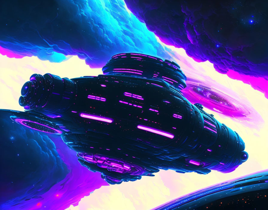 Futuristic spaceship in vibrant purple and pink hues in deep blue space