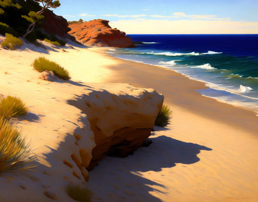 Tranquil beach scene with golden sands, rock, greenery, red cliffs, and blue ocean