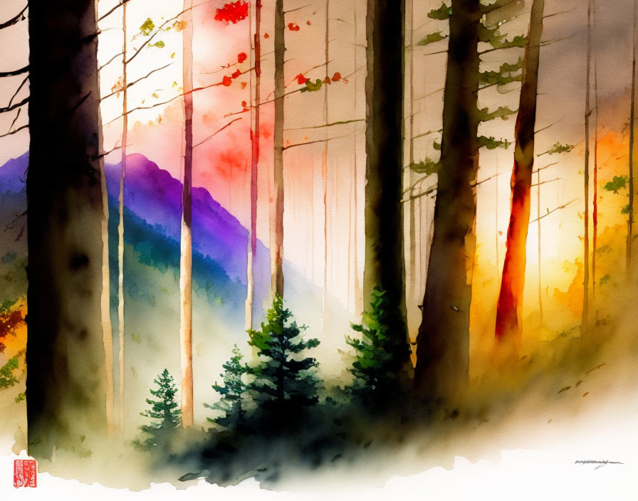 Forest landscape watercolor painting with tall trees, colorful foliage, and misty mountains.