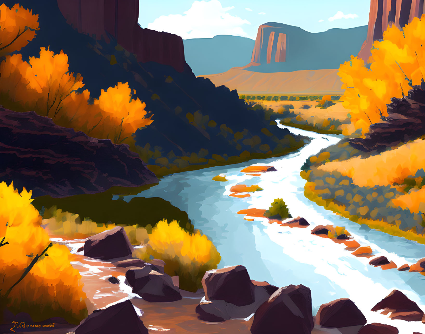 Digital painting: River in canyon with fall foliage and cliffs