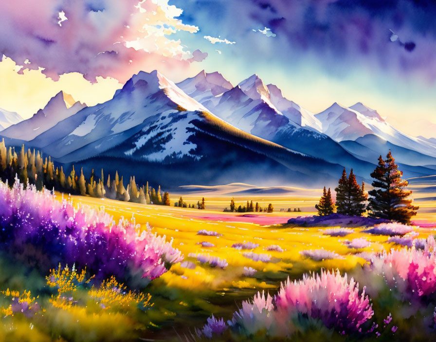 Colorful Watercolor Painting of Mountain Landscape at Dawn or Dusk