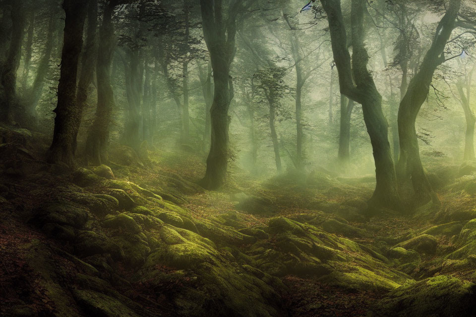 Ethereal forest scene with sunlight, mist, green moss, and gnarled tree trunks