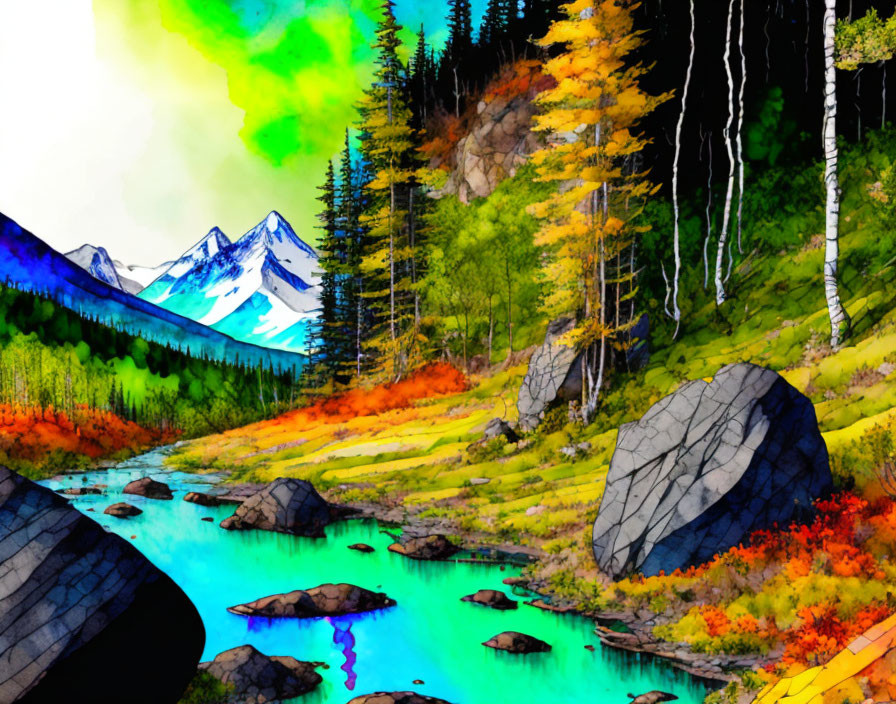 Vibrant digital painting of autumnal landscape with stream, colorful trees, rocks, and mountains under