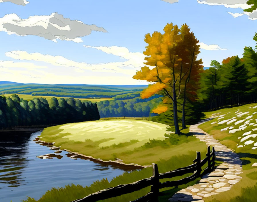 Tranquil landscape painting with winding river path, autumn trees, and cloudy sky