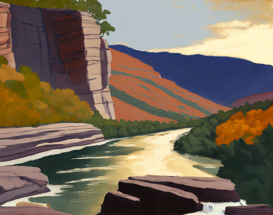 Scenic river canyon illustration with autumn foliage under sunset sky