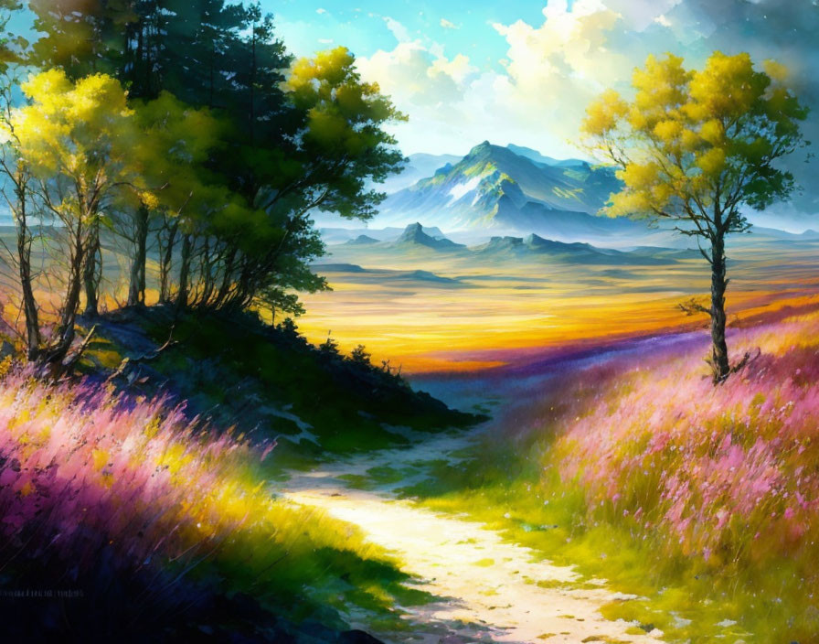 Scenic landscape painting: path through purple and yellow flower fields