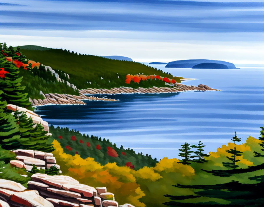 Vibrant autumn coastal landscape with lush greenery and blue sea