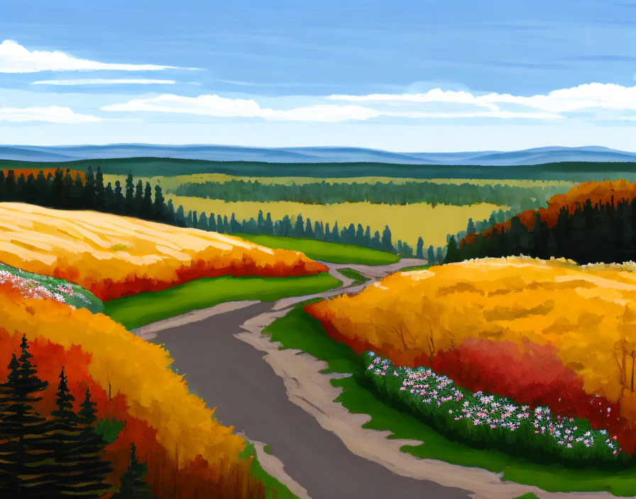 Colorful Landscape Painting: Meandering Road, Autumn Trees