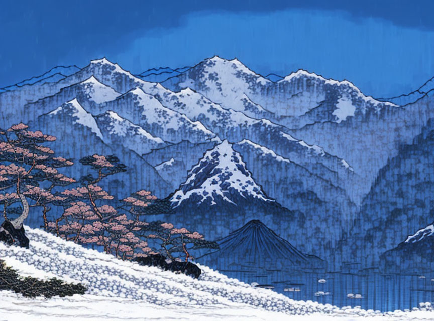 Snowy Mountains and Pink Blossomed Trees Illustration